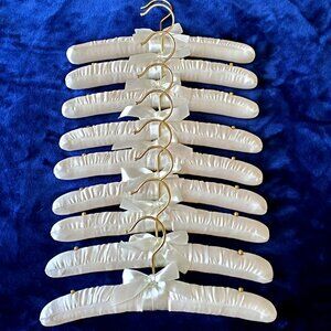 SET OF 9 IVORY SATIN PADDED CLOTHES HANGERS LINGERIE GOLD CHROME 12"
